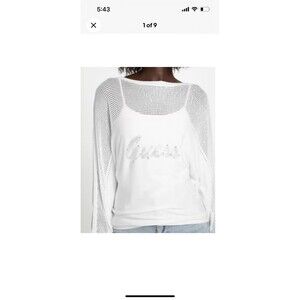 Guess Women's White Embellished Logo Long Sleeve Sweater Size S